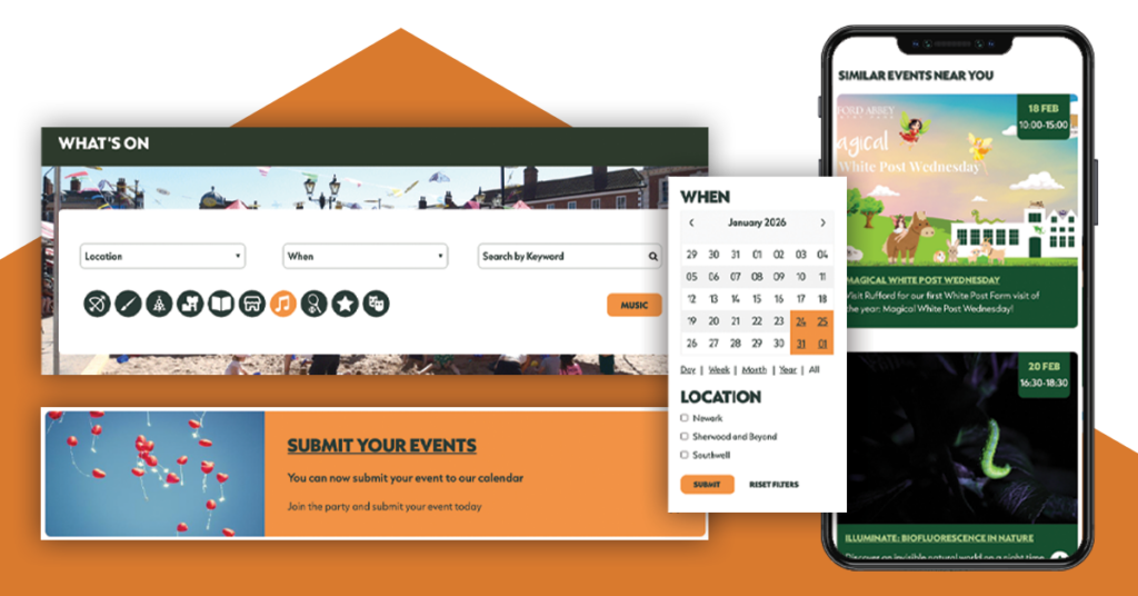 A mobile device has listings of what events are on in the local area , next to a series of call-to-action blocks, interactive calendars, and search and filter features.