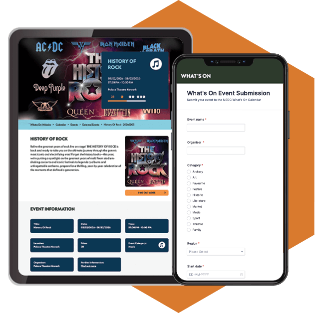 A tablet is displaying a 'History of Rock' event from Newark & Sherwood's What's On Calendar, listing event and venue details. To the side, a mobile device shows a Jotform event submission listing. 